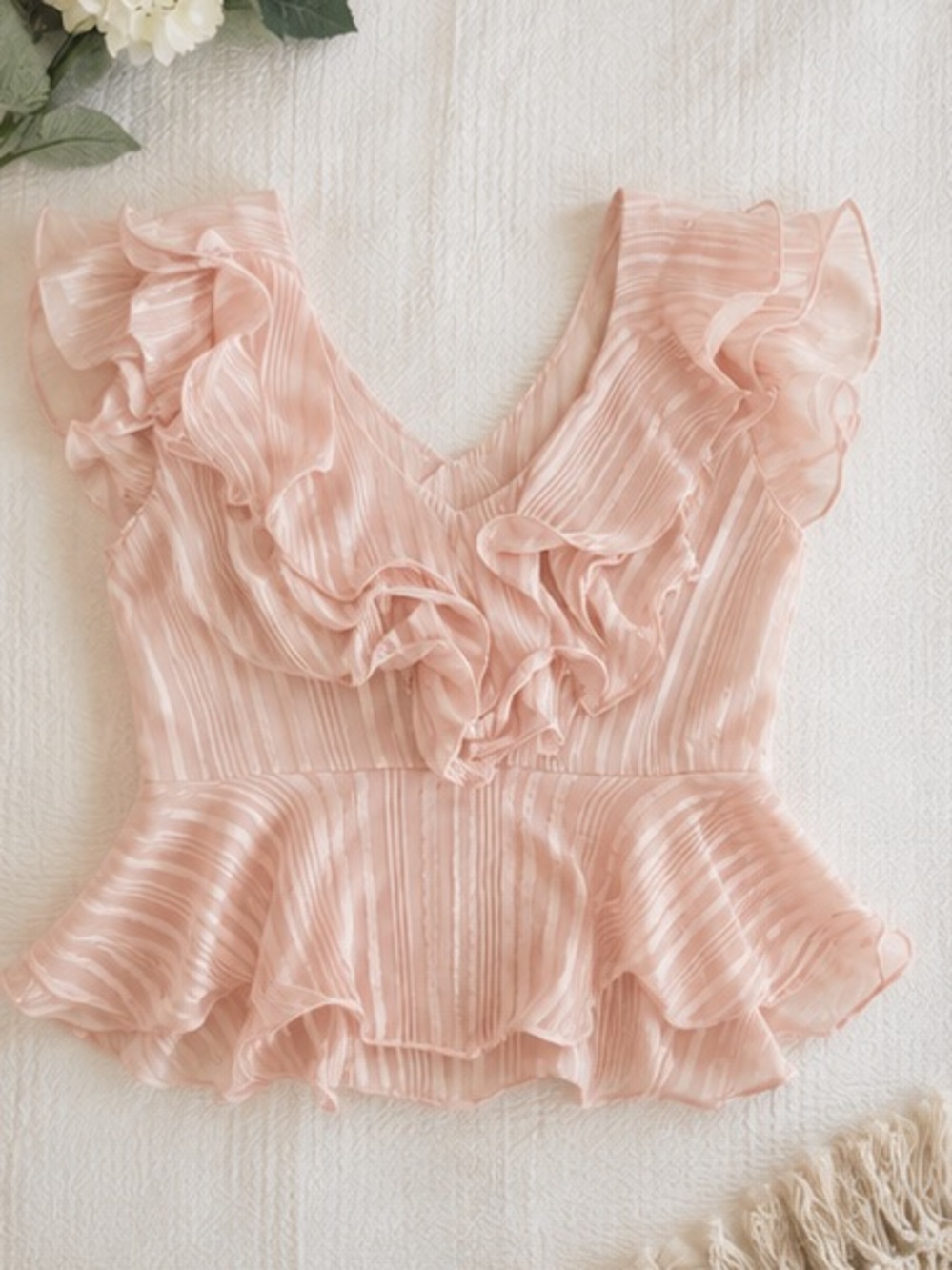 Flutter Ruffle V-Neck Blouse in Soft Pink